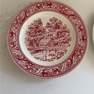 Vintage Red and White Scenic Dinner Plate